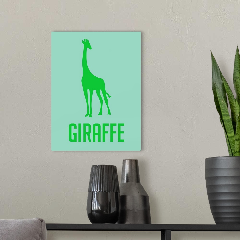 A modern room featuring Minimalist Wildlife Poster - Giraffe - Green