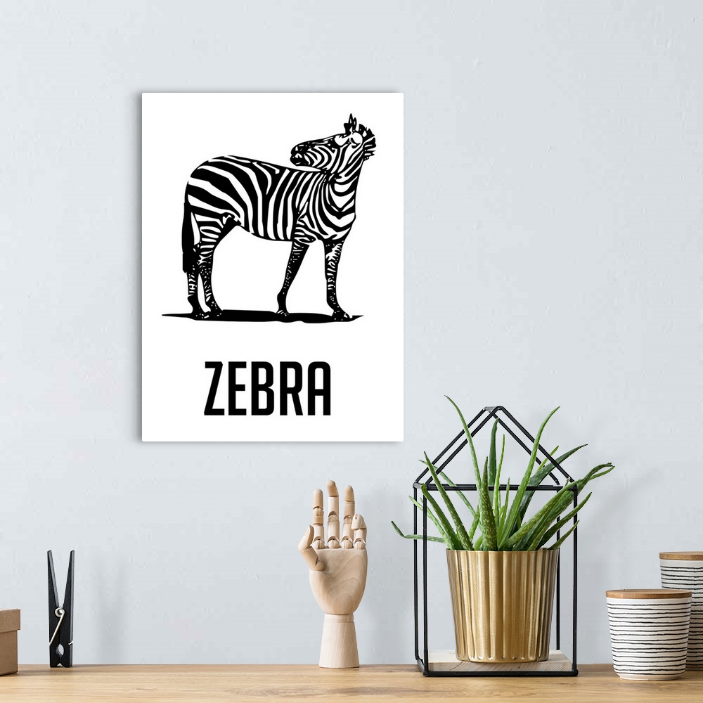 A bohemian room featuring Minimalist Wildlife Poster - Zebra - Black
