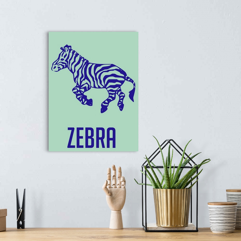 A bohemian room featuring Minimalist Wildlife Poster - Zebra - Blue