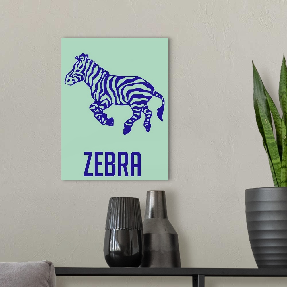 A modern room featuring Minimalist Wildlife Poster - Zebra - Blue