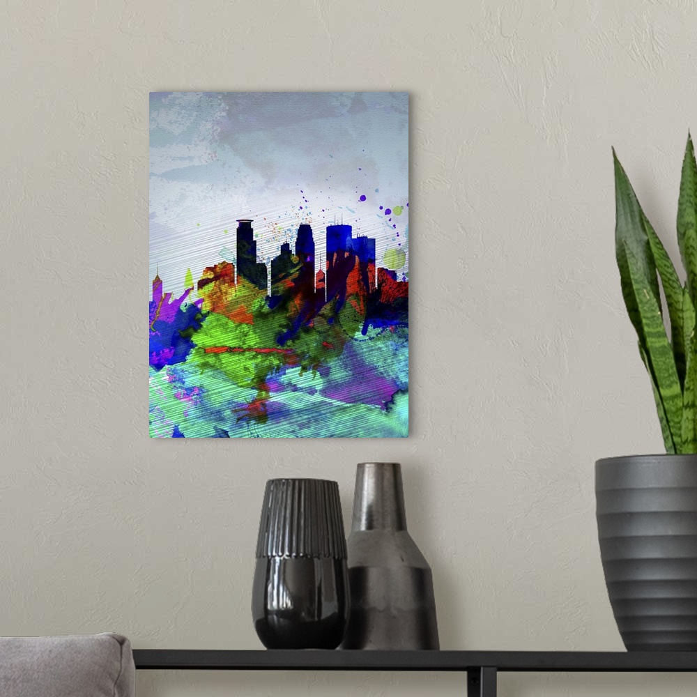 A modern room featuring Minneapolis Watercolor Skyline