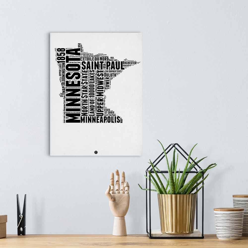 A bohemian room featuring Typography art map of the US state Minnesota.