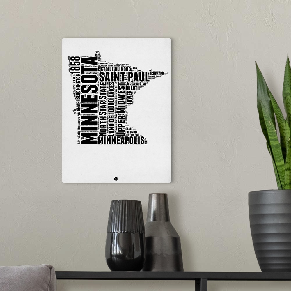 A modern room featuring Typography art map of the US state Minnesota.