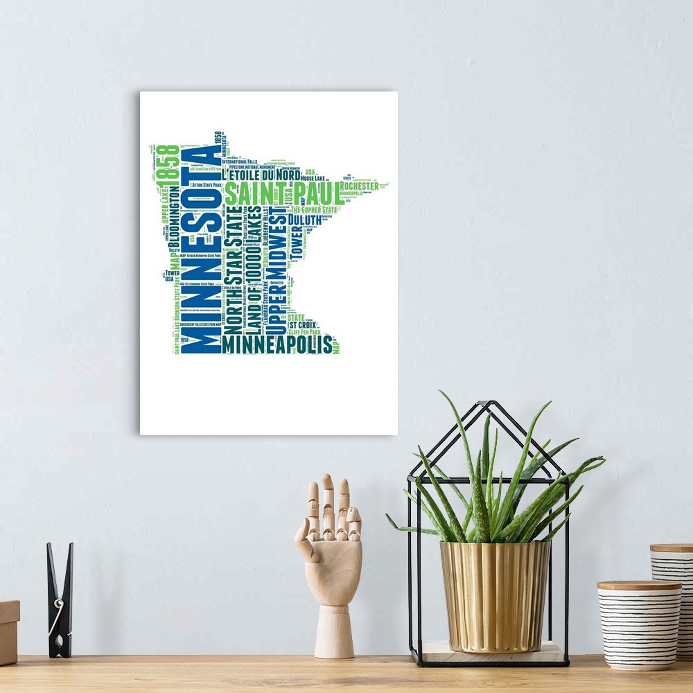 A bohemian room featuring Typography art map of the US state Minnesota.