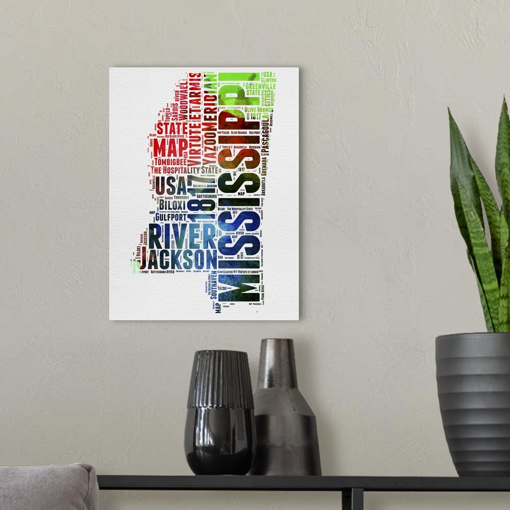 A modern room featuring Watercolor typography art map of the US state Mississippi.