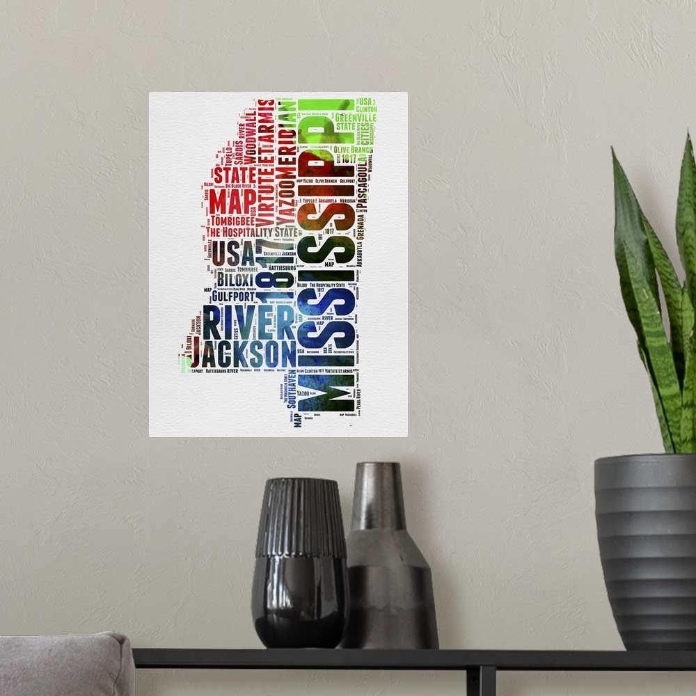 A modern room featuring Watercolor typography art map of the US state Mississippi.