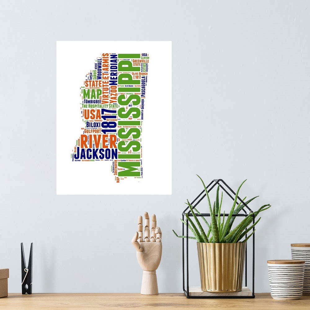 A bohemian room featuring Typography art map of the US state Mississippi.