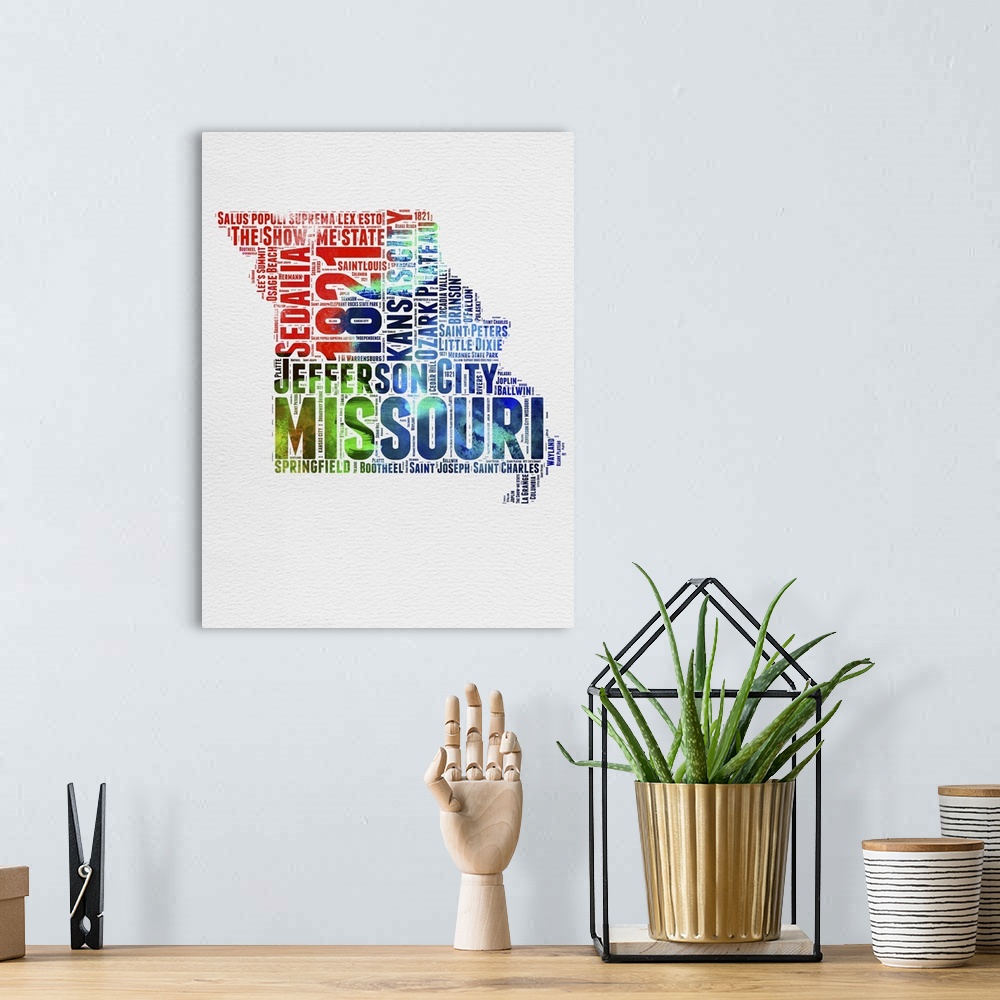 A bohemian room featuring Watercolor typography art map of the US state Missouri.