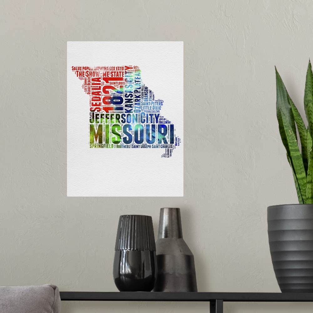 A modern room featuring Watercolor typography art map of the US state Missouri.