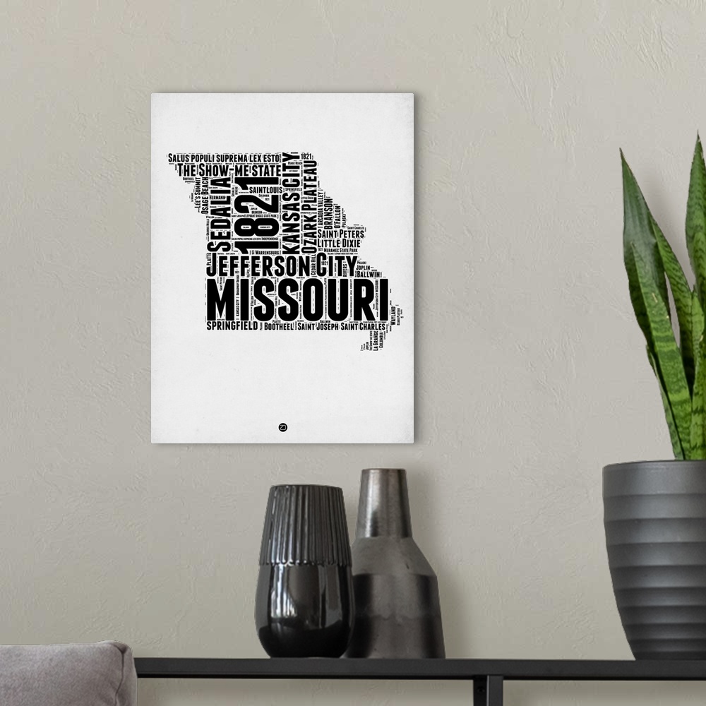 A modern room featuring Typography art map of the US state Missouri.