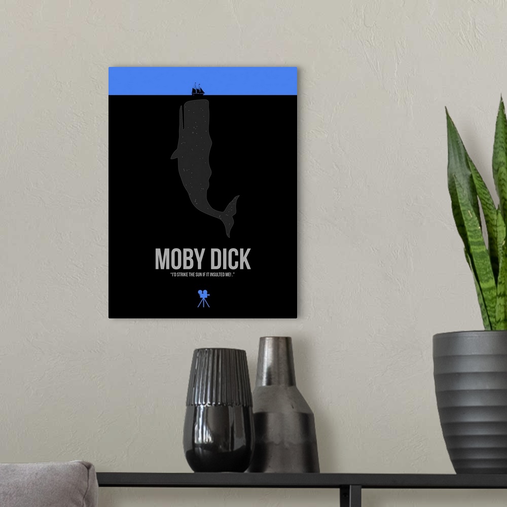 A modern room featuring Contemporary minimalist movie poster artwork of Moby Dick.