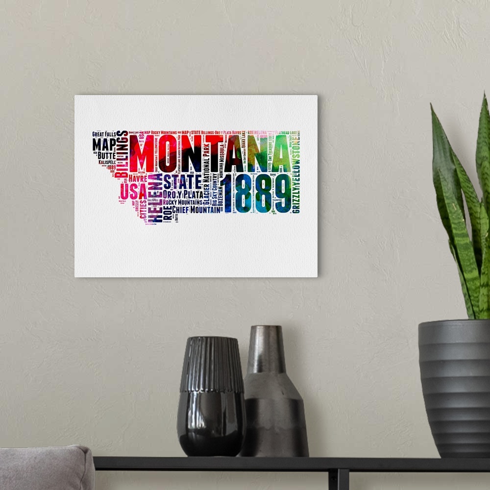 A modern room featuring Watercolor typography art map of the US state Montana.
