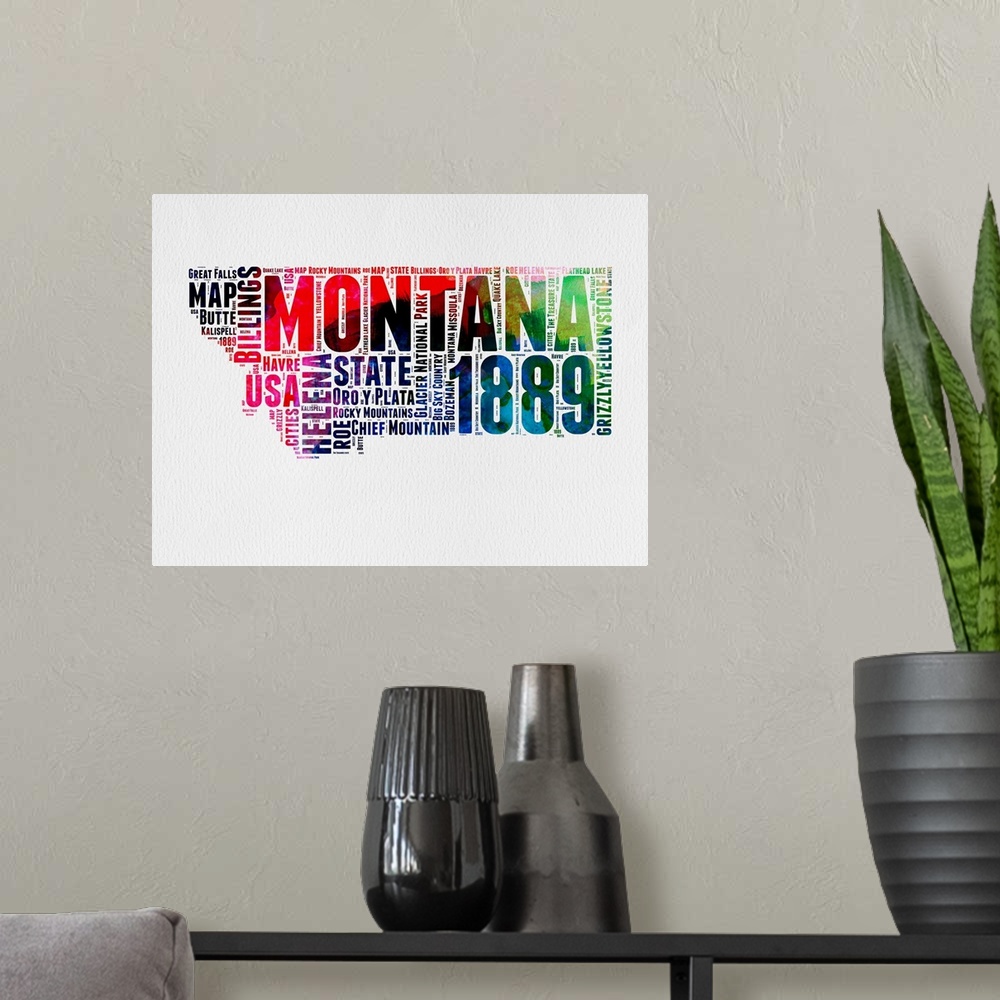 A modern room featuring Watercolor typography art map of the US state Montana.