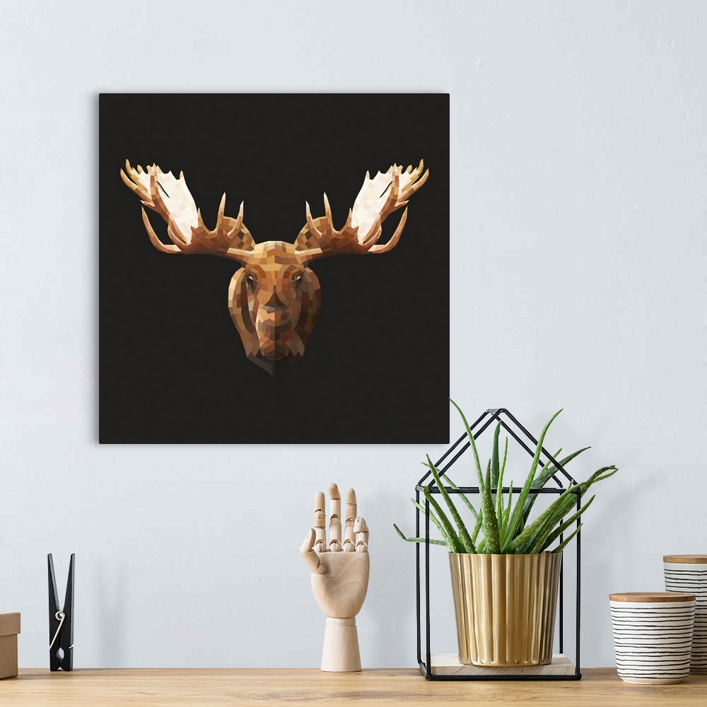 A bohemian room featuring Contemporary artwork of a polygon mesh moose portrait.