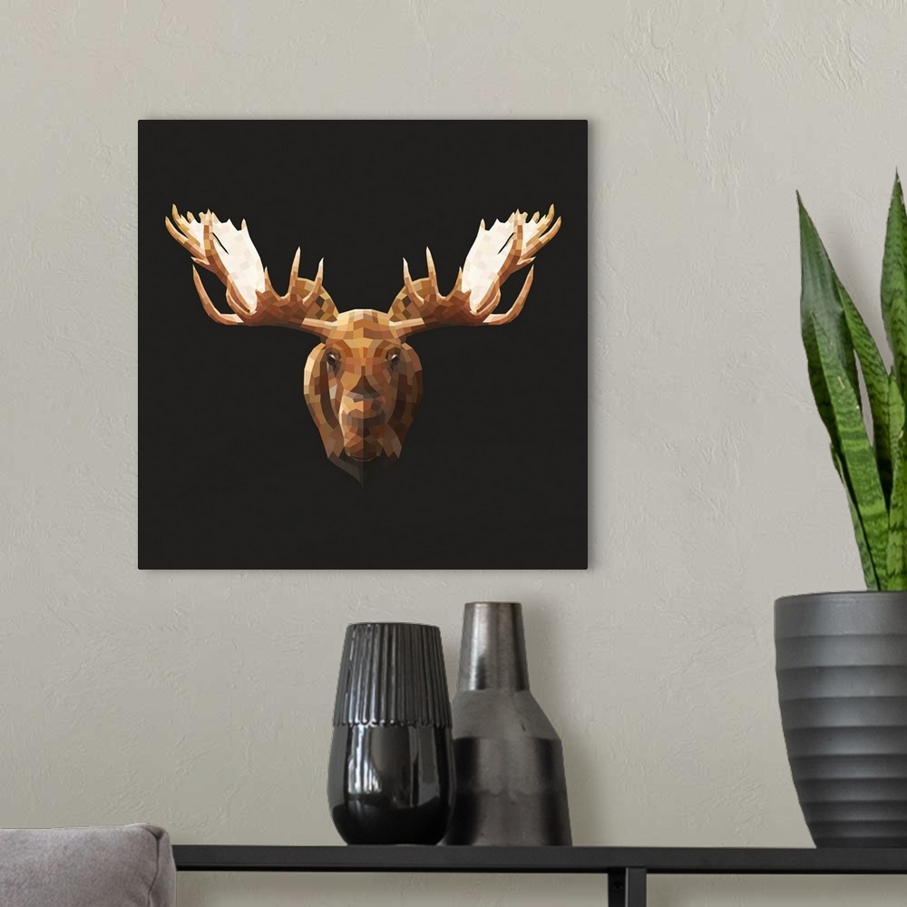 A modern room featuring Contemporary artwork of a polygon mesh moose portrait.