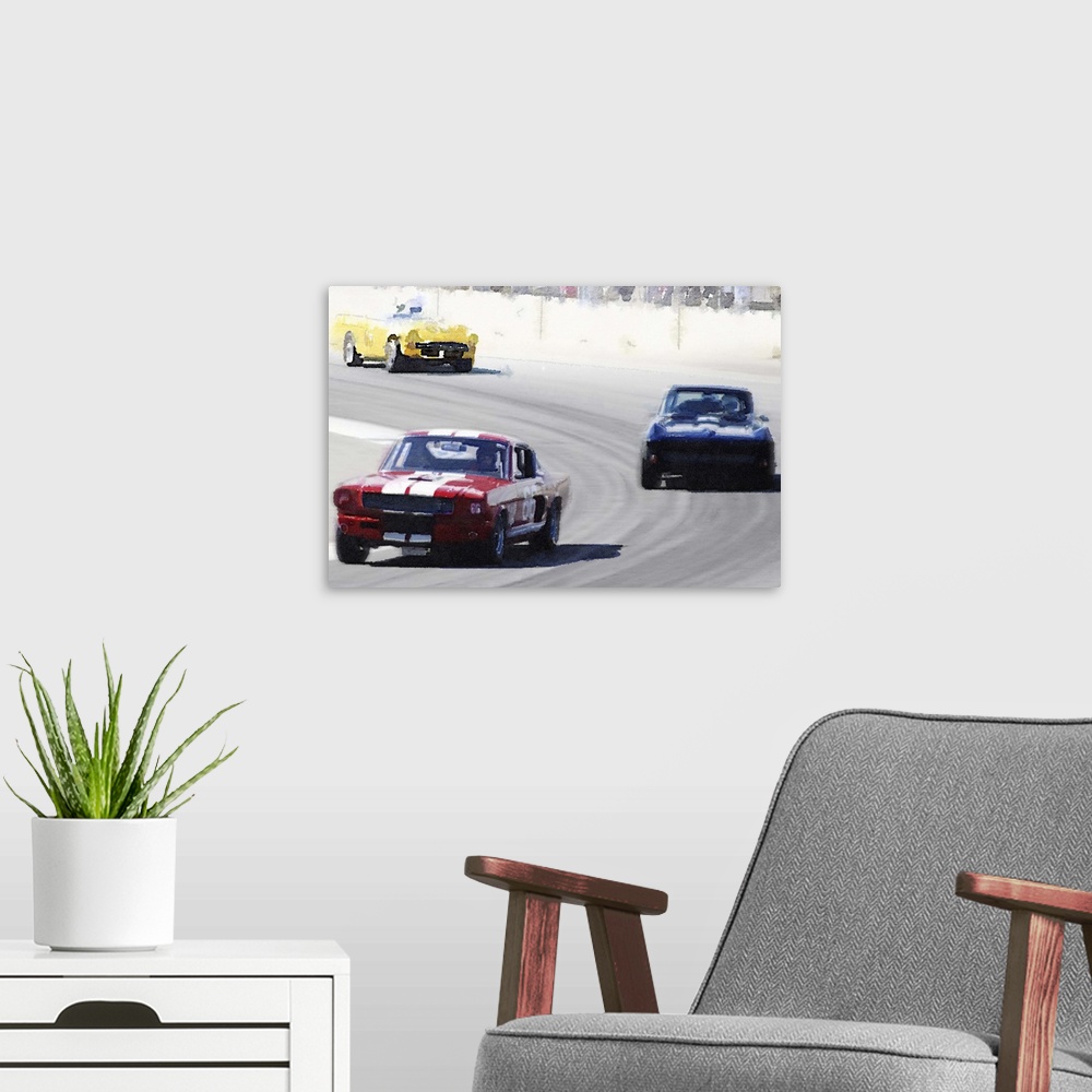 A modern room featuring Mustang and Corvette Racing Watercolor