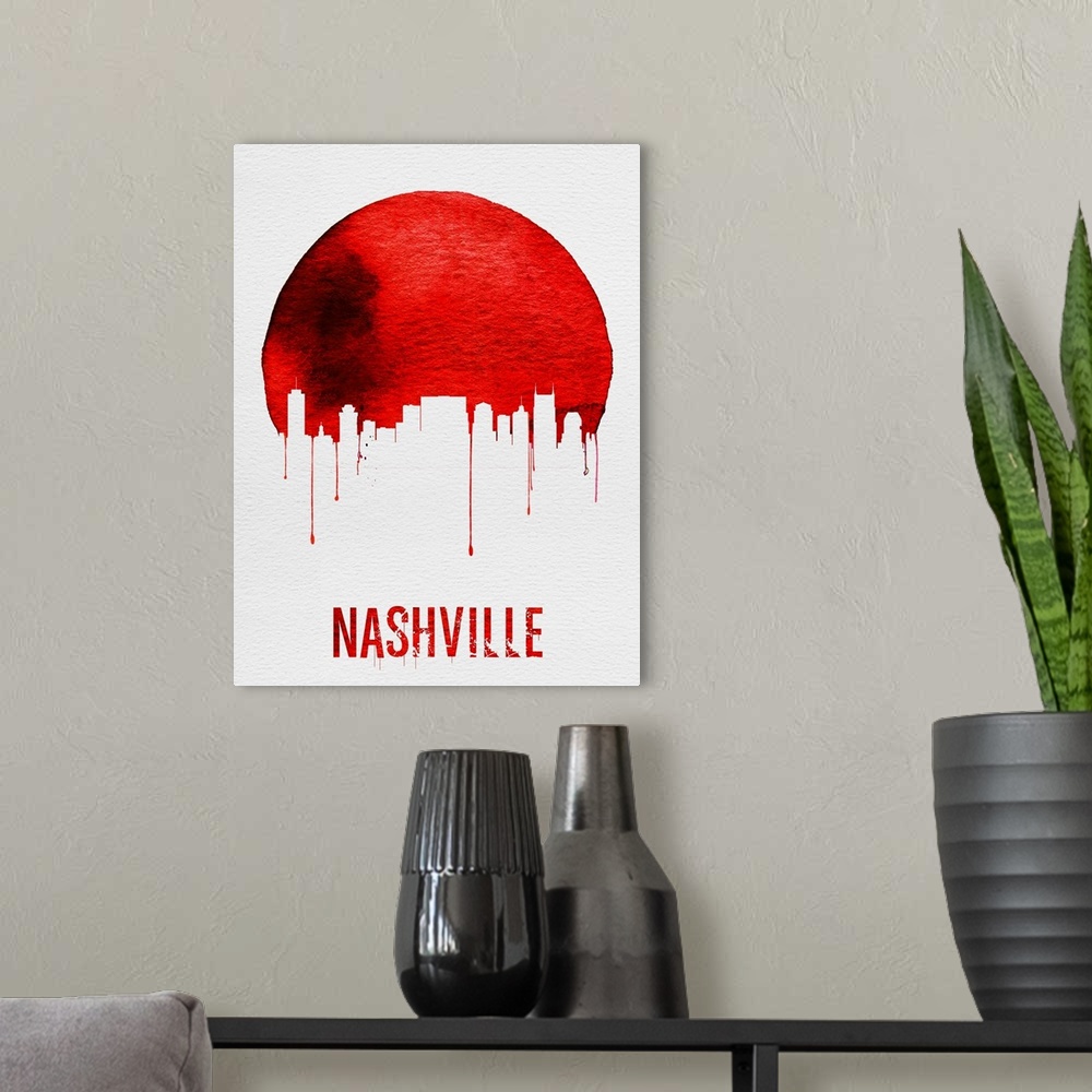 A modern room featuring Contemporary watercolor artwork of the Nashville city skyline, in silhouette.