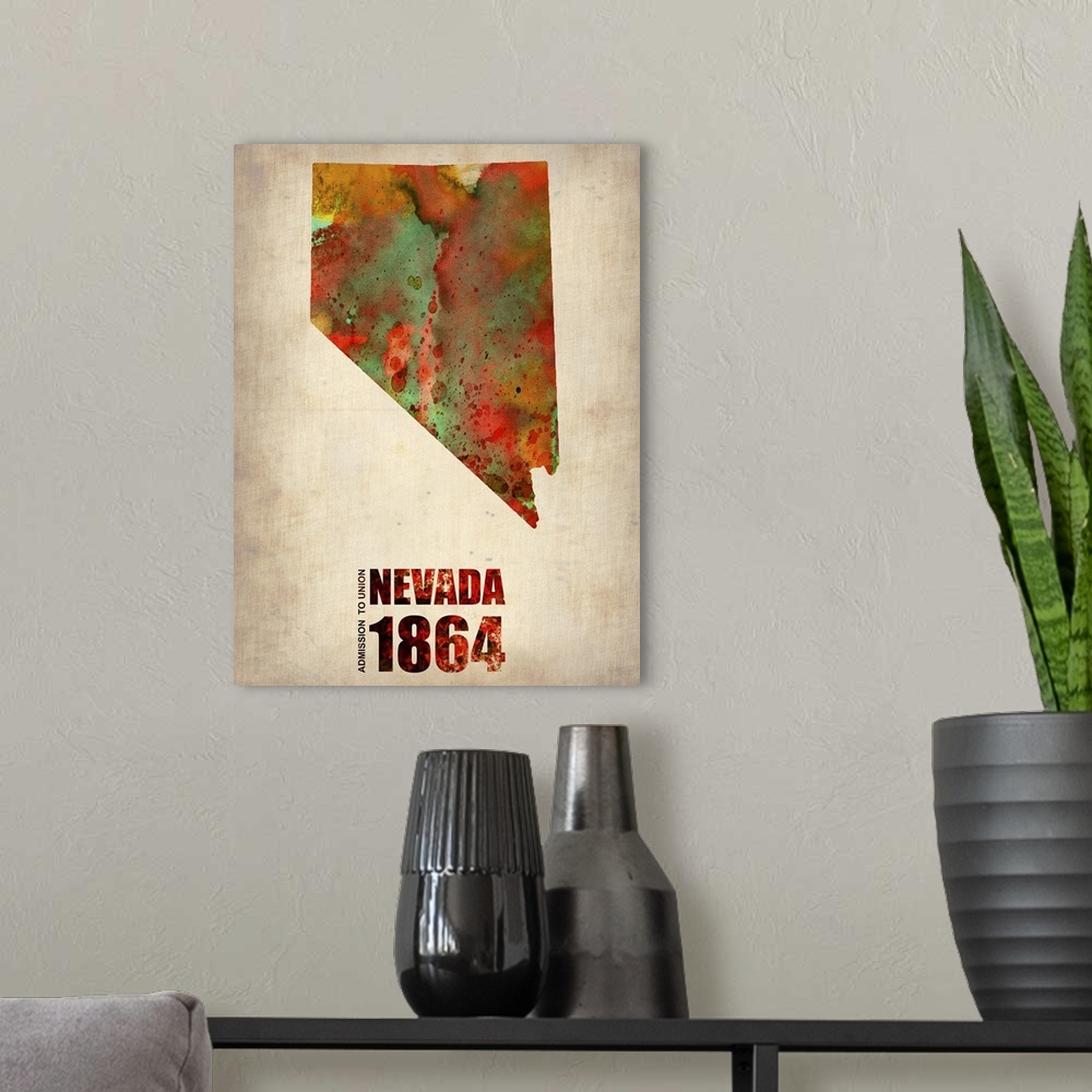A modern room featuring Nevada Watercolor Map