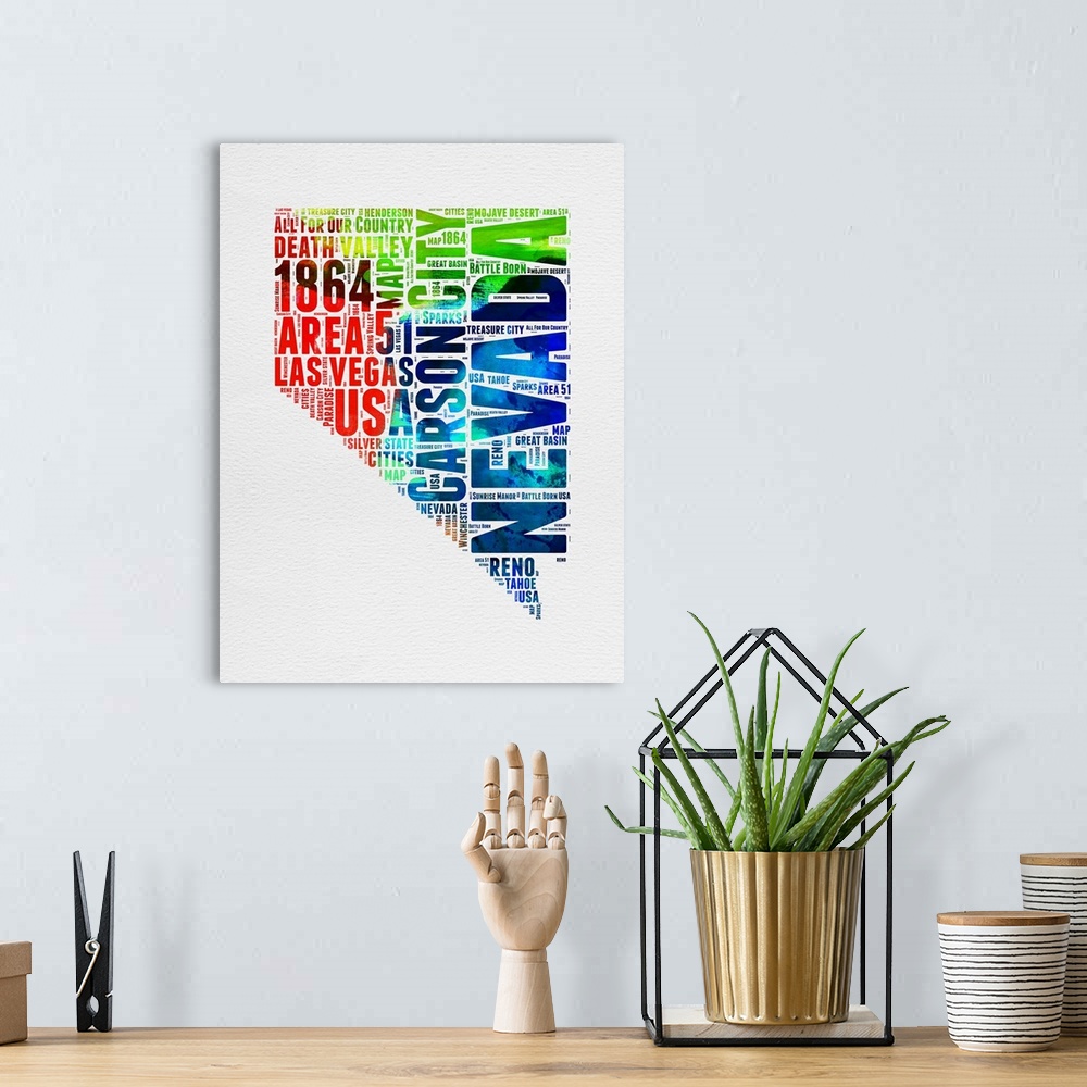 A bohemian room featuring Watercolor typography art map of the US state Nevada.