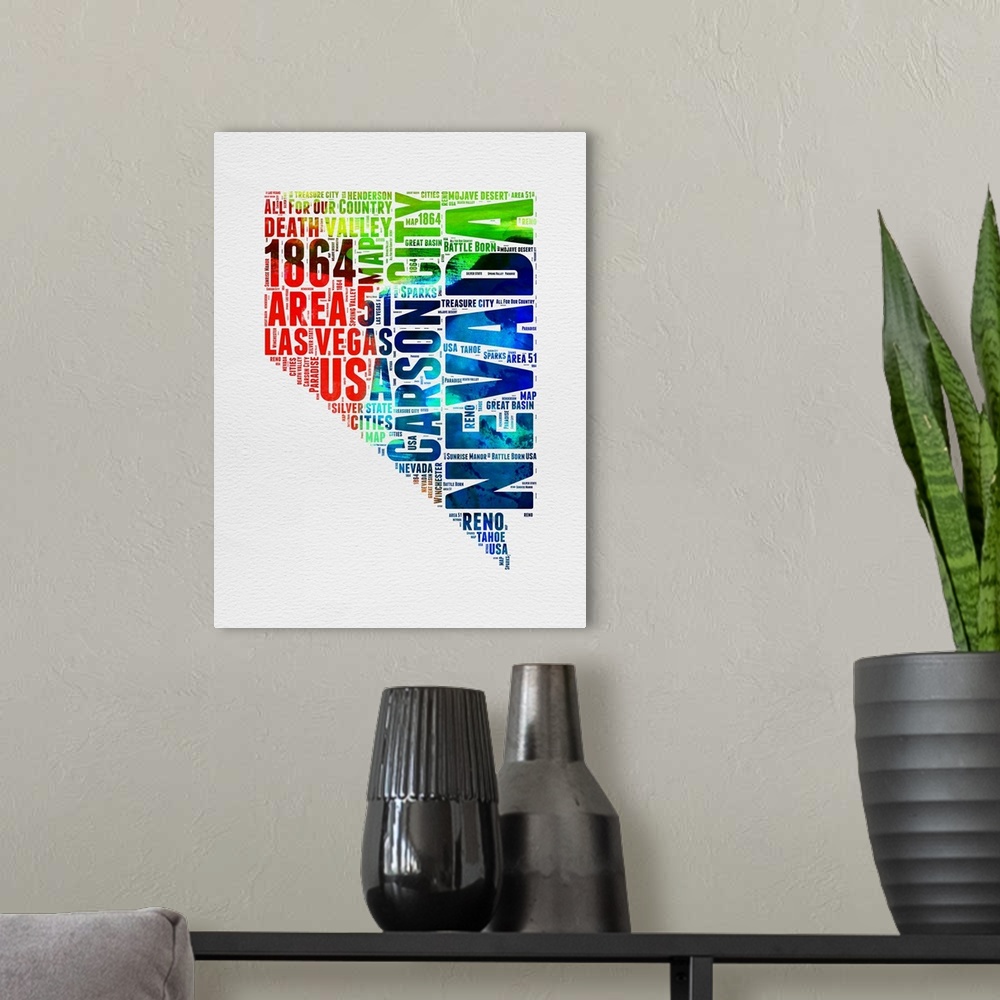 A modern room featuring Watercolor typography art map of the US state Nevada.