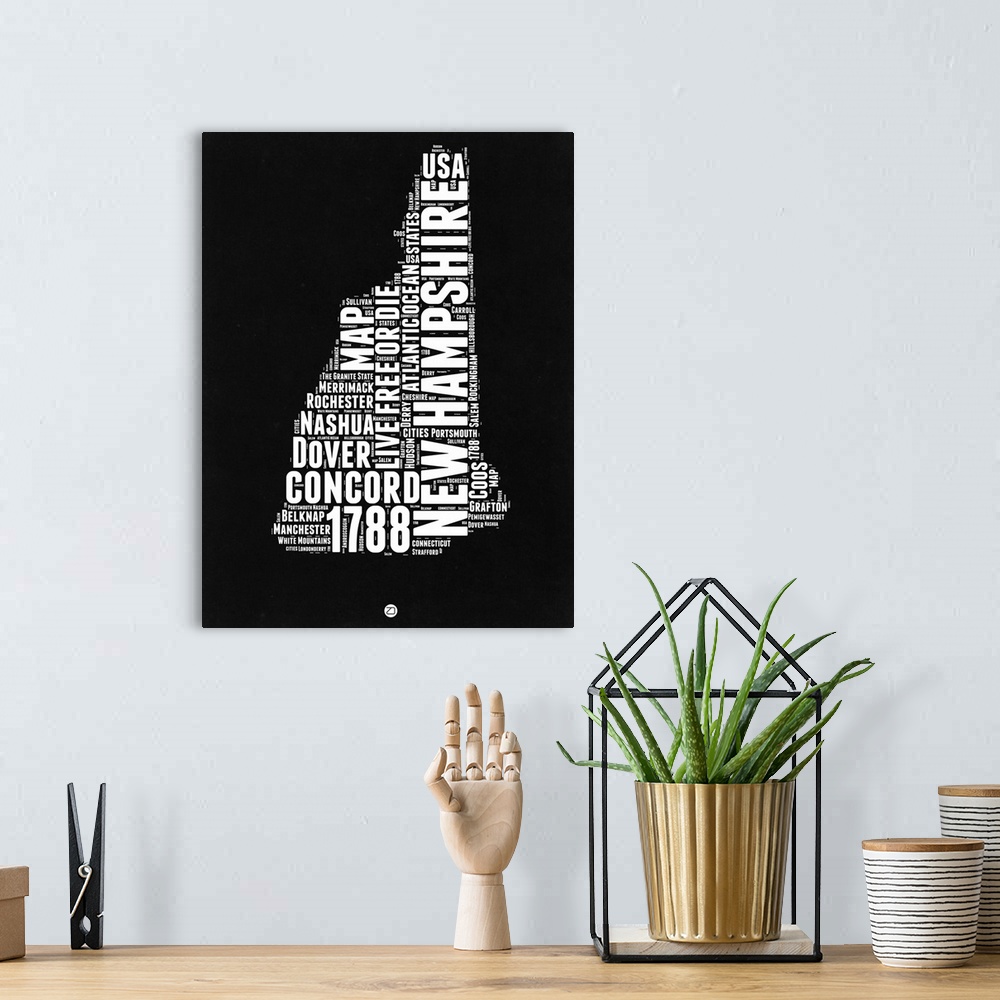 A bohemian room featuring Typography art map of the US state New Hampshire.
