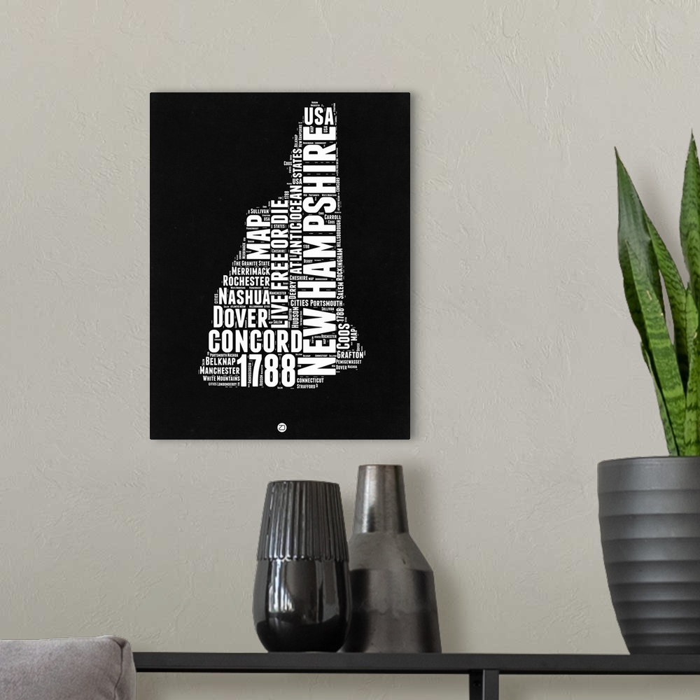 A modern room featuring Typography art map of the US state New Hampshire.