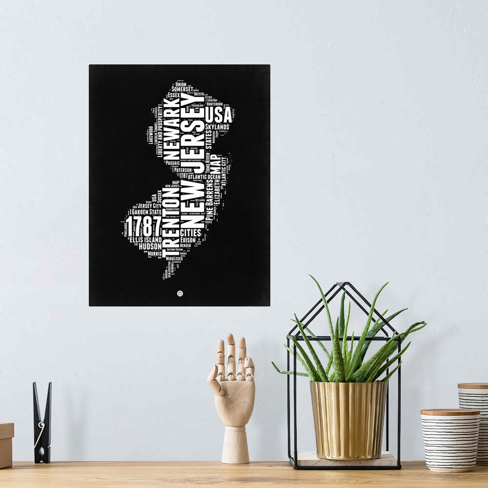 A bohemian room featuring Typography art map of the US state New Jersey.