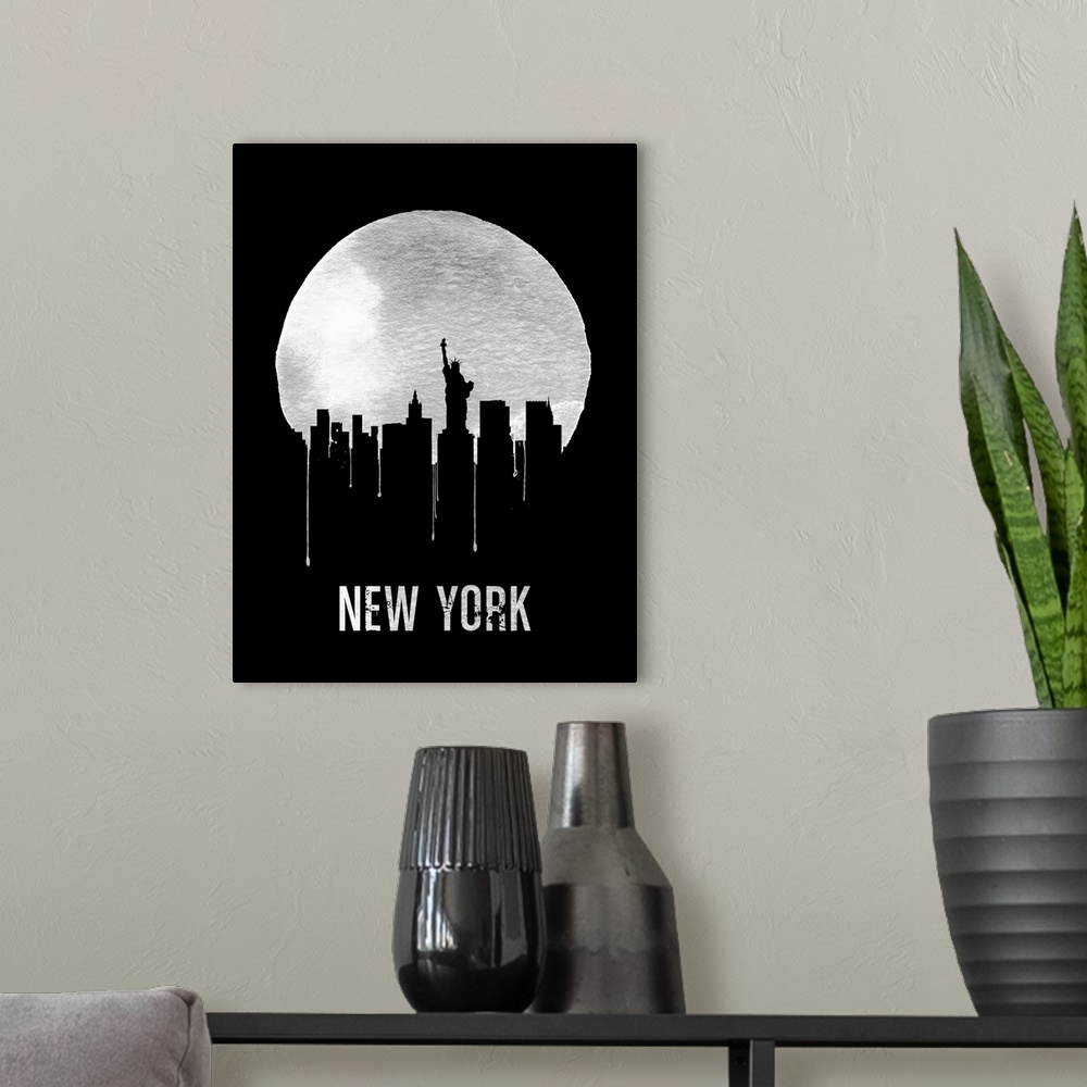 A modern room featuring Contemporary watercolor artwork of the New York city skyline, in silhouette.