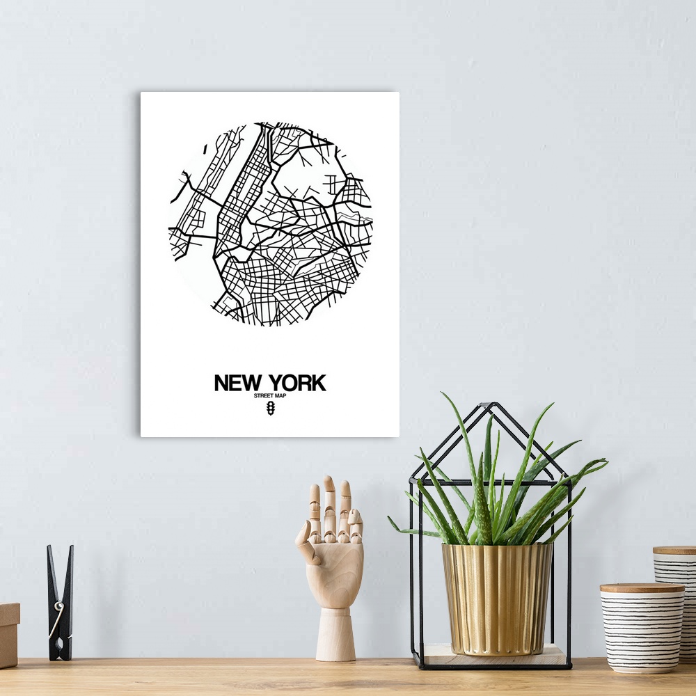 A bohemian room featuring Minimalist art map of the city streets of New York City in white and black.