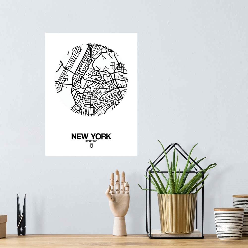 A bohemian room featuring Minimalist art map of the city streets of New York City in white and black.