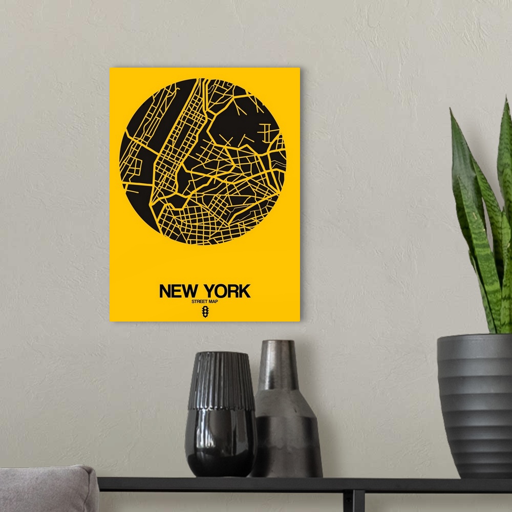 A modern room featuring Minimalist art map of New York city streets.