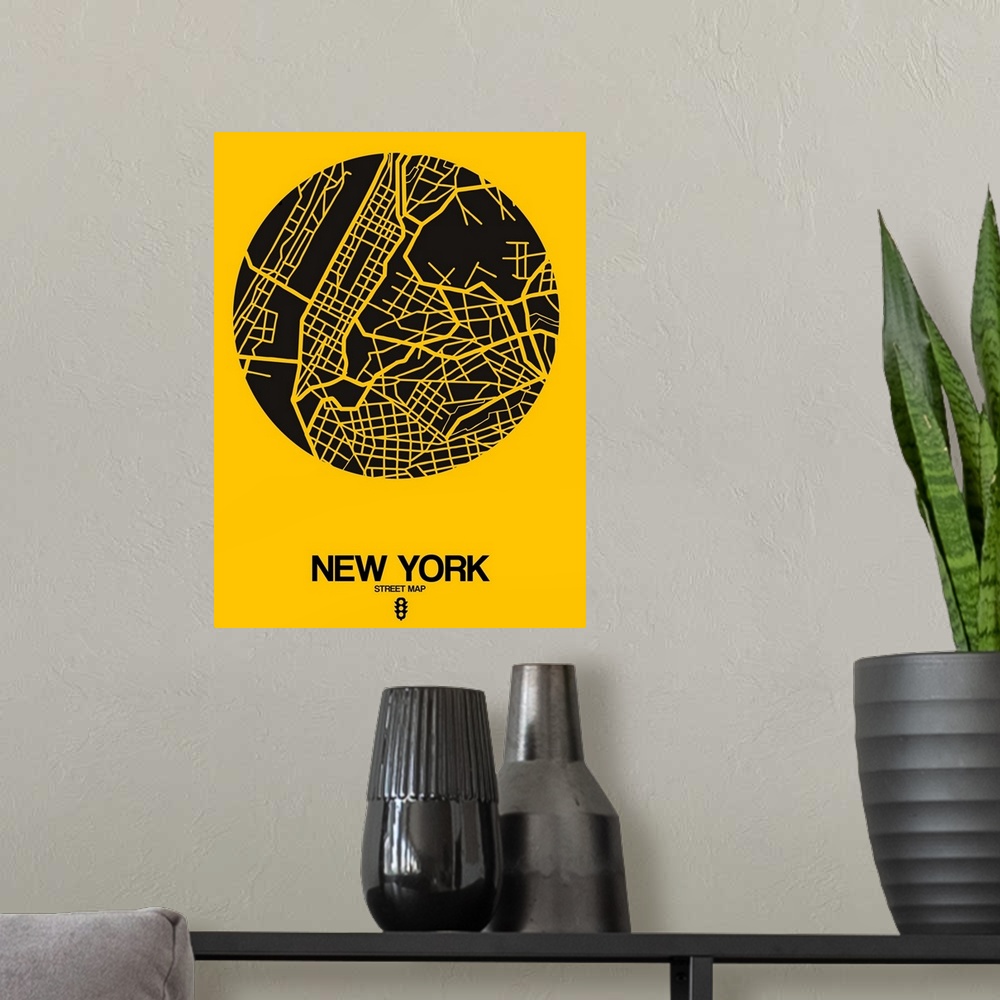 A modern room featuring Minimalist art map of New York city streets.