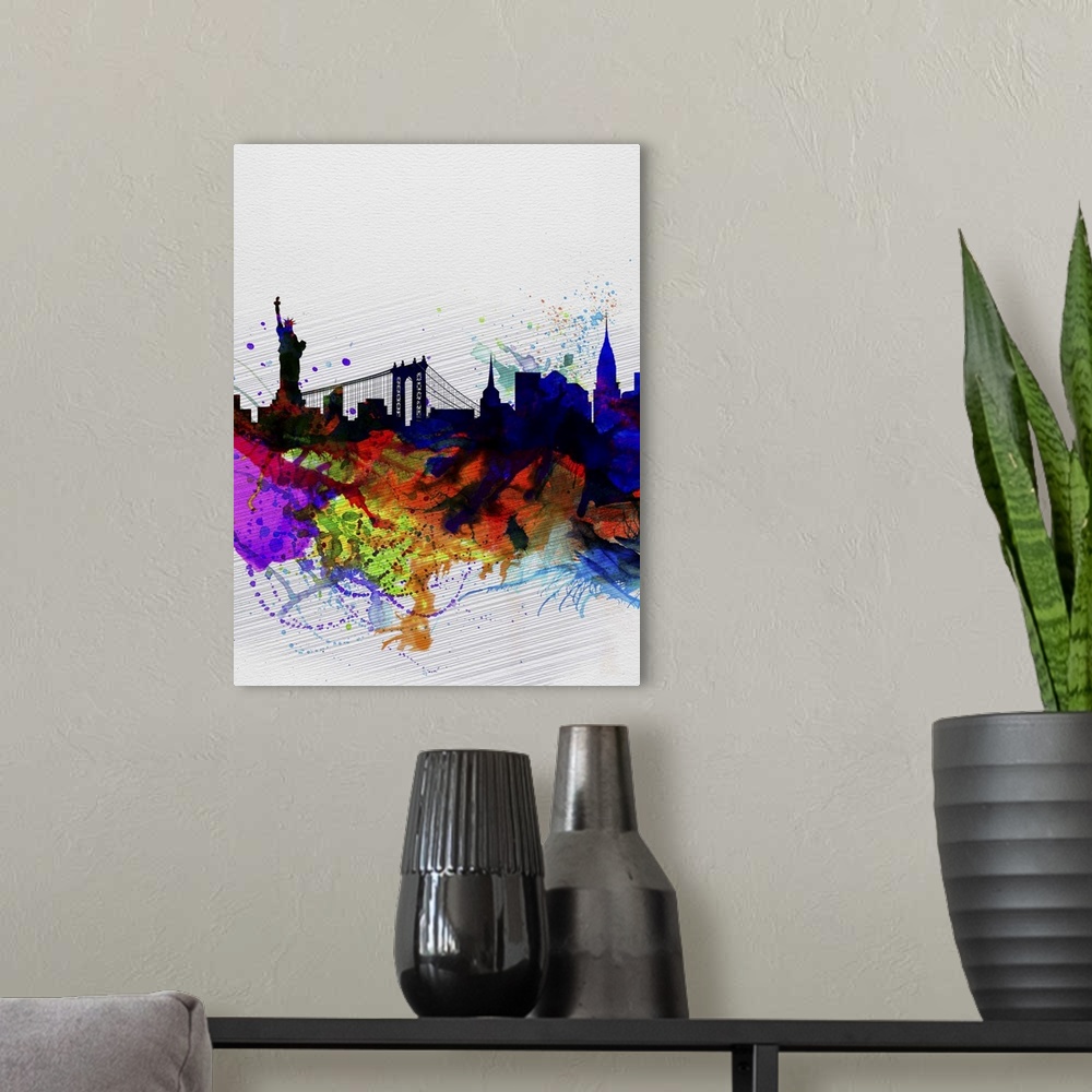 A modern room featuring New York Watercolor Skyline I