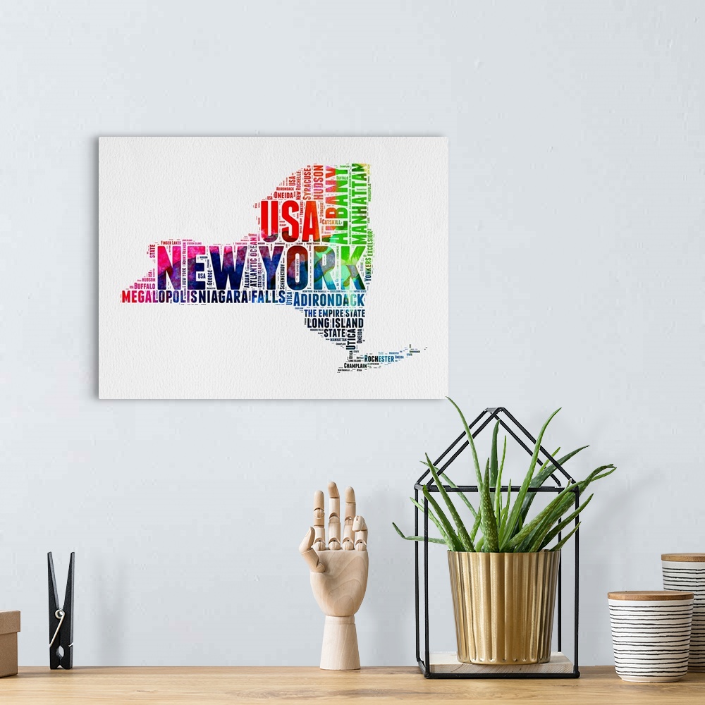 A bohemian room featuring Watercolor typography art map of the US state New York.