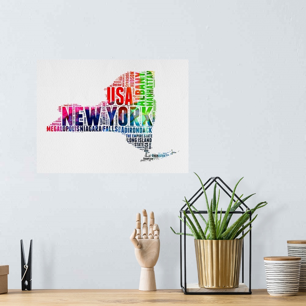 A bohemian room featuring Watercolor typography art map of the US state New York.