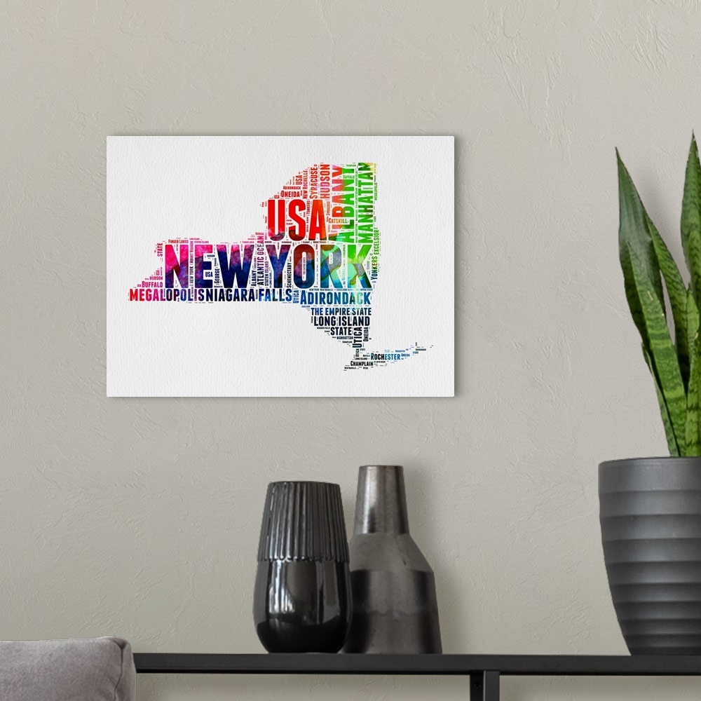 A modern room featuring Watercolor typography art map of the US state New York.