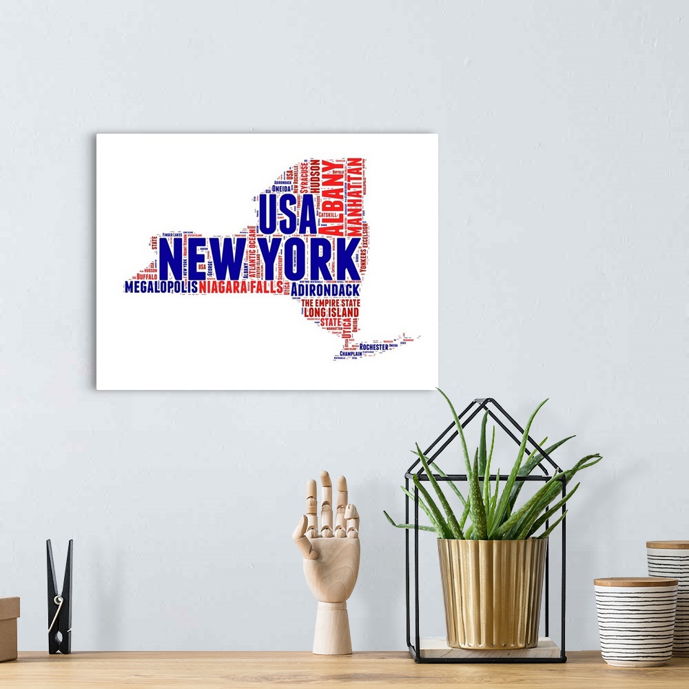 A bohemian room featuring Typography art map of the US state New York.