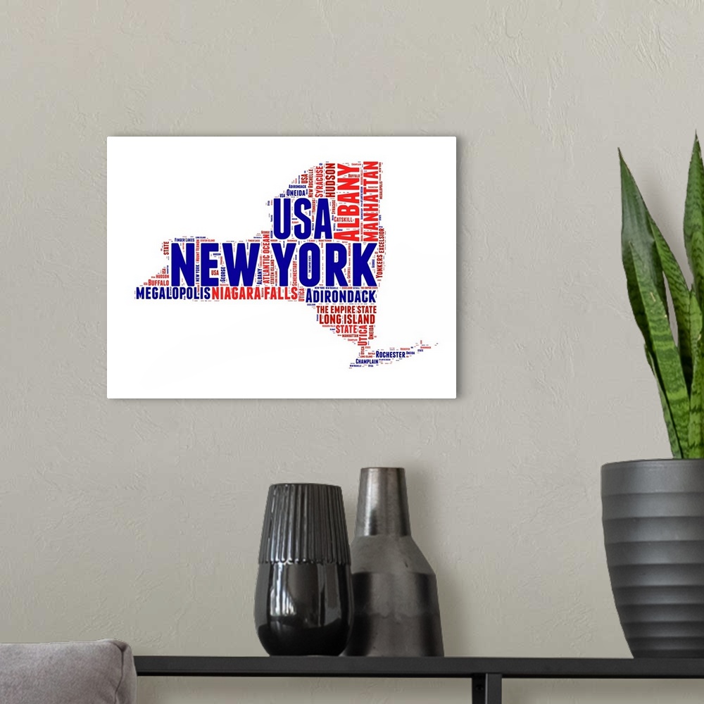 A modern room featuring Typography art map of the US state New York.
