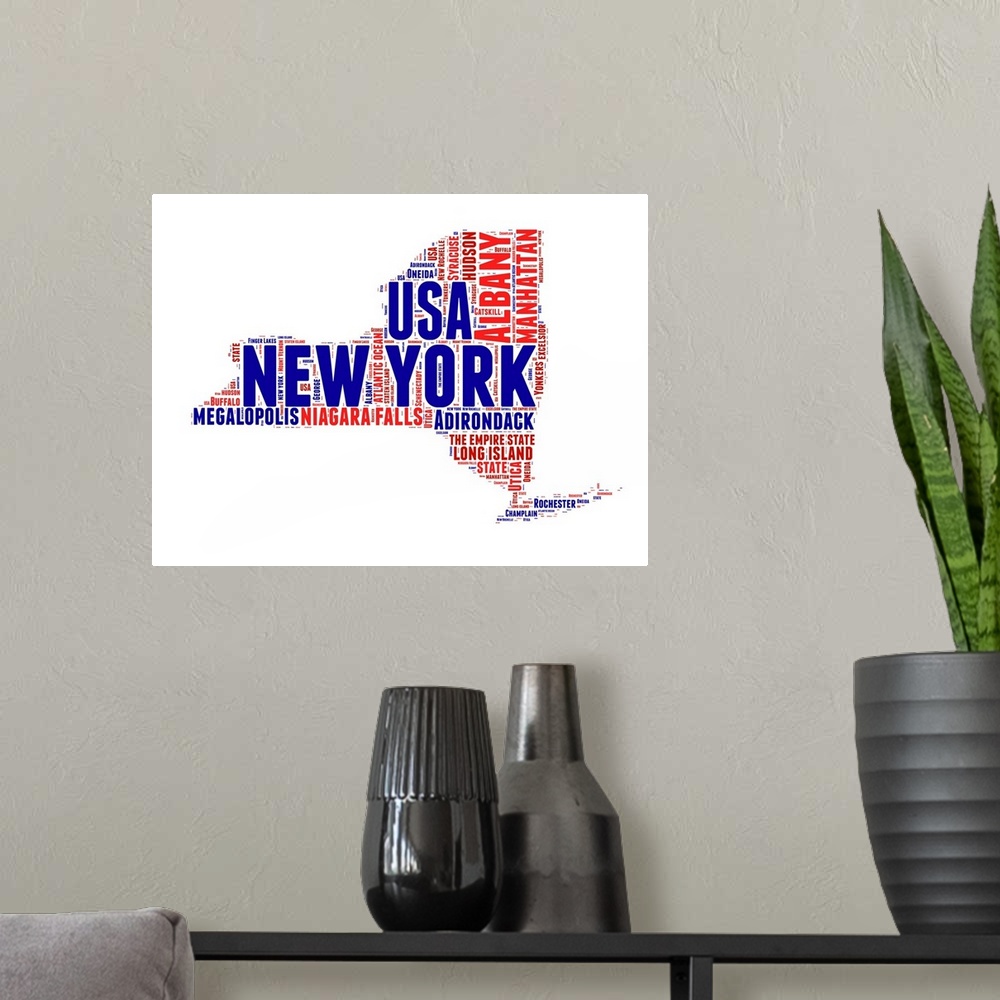 A modern room featuring Typography art map of the US state New York.