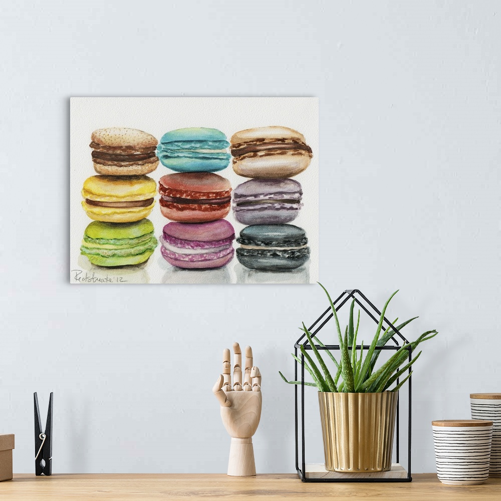 A bohemian room featuring Contemporary painting of three stacks of colorful macaroons.