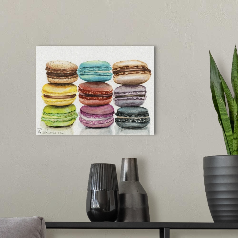 A modern room featuring Contemporary painting of three stacks of colorful macaroons.