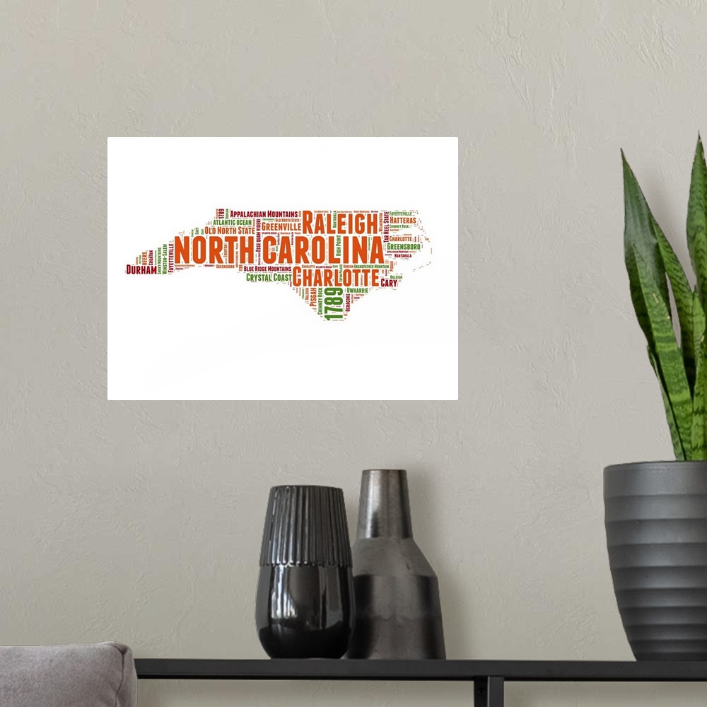 A modern room featuring Typography art map of the US state North Carolina.