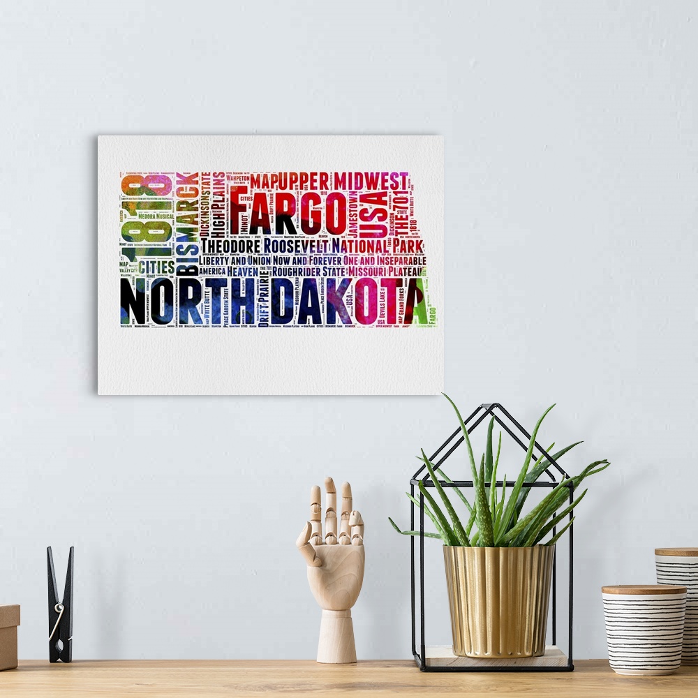 A bohemian room featuring Watercolor typography art map of the US state North Dakota.