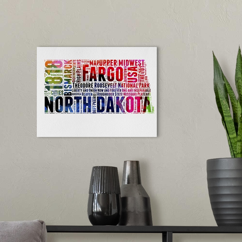 A modern room featuring Watercolor typography art map of the US state North Dakota.