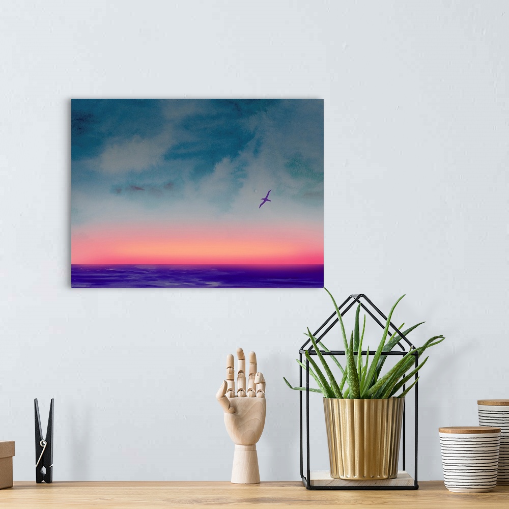 A bohemian room featuring Ocean Sunset Watercolor I