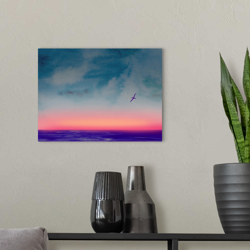 A modern room featuring Ocean Sunset Watercolor I