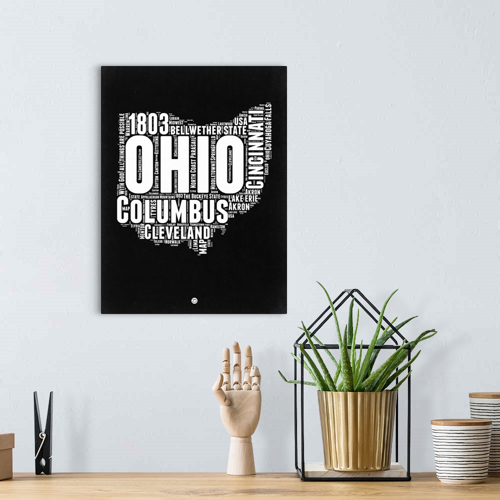 A bohemian room featuring Typography art map of the US state Ohio.