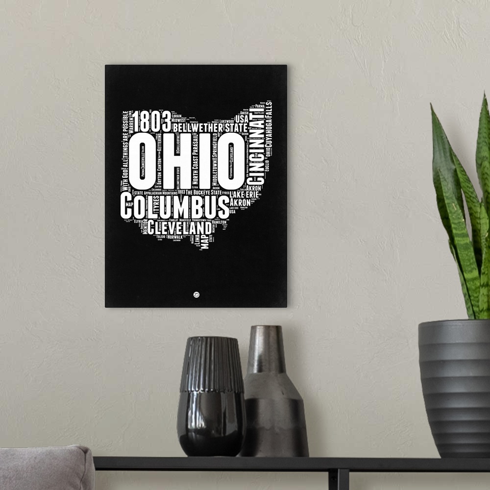 A modern room featuring Typography art map of the US state Ohio.