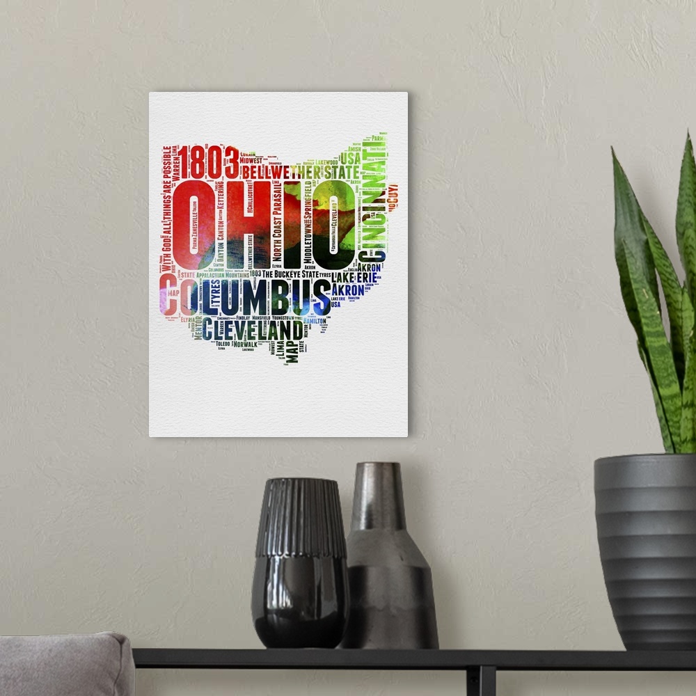 A modern room featuring Watercolor typography art map of the US state Ohio.