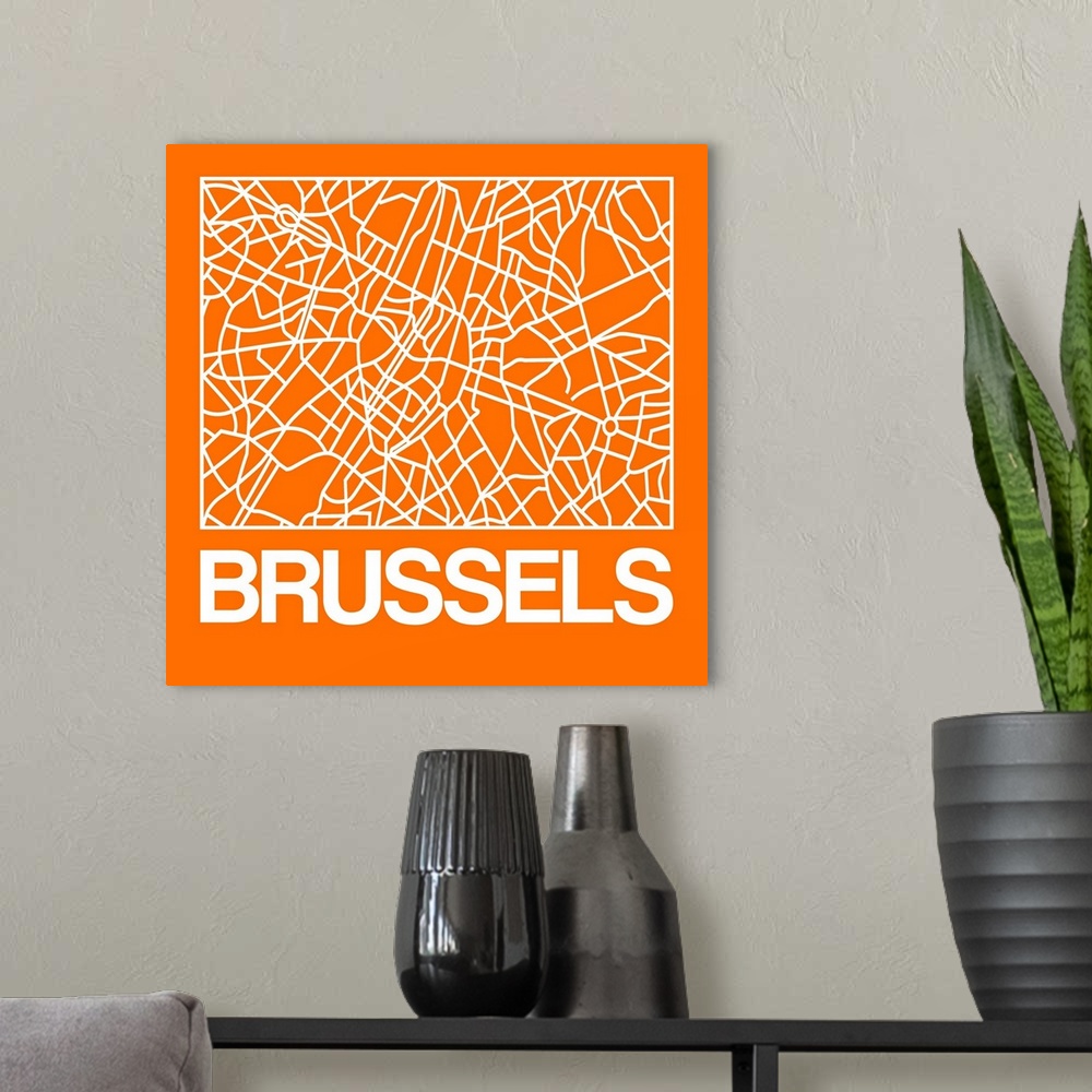 A modern room featuring Contemporary minimalist art map of the city streets of Brussels.